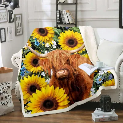Highland Cow with Sunflowers Blanket: Rustic Farm Animal Art – Design 2