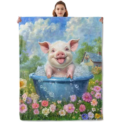 Piglet in Bathtub Blanket: Smiling Pig in Blue Tub with Flowers