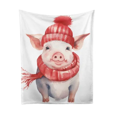 Pig in Red Beanie Blanket: Watercolor Farm Pig with Winter Scarf