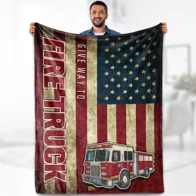 Firefighter Dad Blanket with Fire Truck and American Flag Design