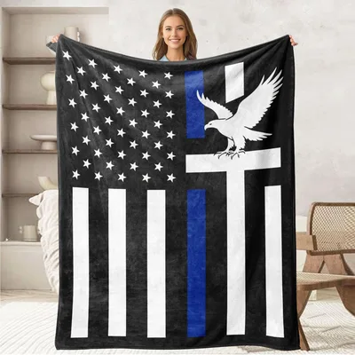 Law Enforcement Blanket Featuring the Thin Blue Line Flag and Eagle