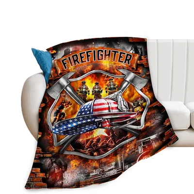 Firefighter Fire Scene Blanket with American Flag Helmet and Axes