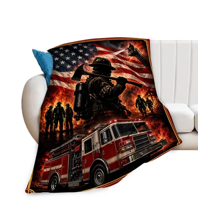 Firefighter Flag Blanket: American Firehouse Scene with Truck