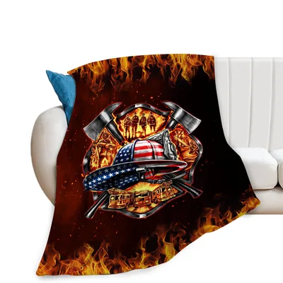 Firefighter Fire Helmet Axes Blanket: Flame and Emblem Design