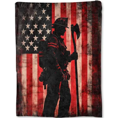 Distressed Red Flag Firefighter Blanket: American Flag Hero Silhouette