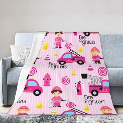 Pink Firefighter Fire Trucks Blanket for Young First Responders