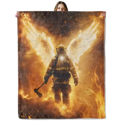 Firefighter Angel Wings Blanket: Heroic Fireman with Glowing Wings