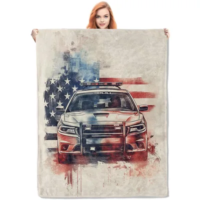 Police Car American Flag Blanket featuring a vintage patrol car