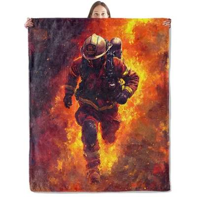 Firefighter in Flames Blanket: Bold Artwork of a Hero in Full Gear