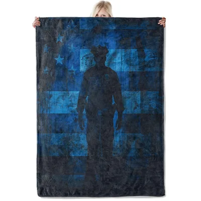 Police Officer Silhouette Flag Blanket: Supportive Blue Design