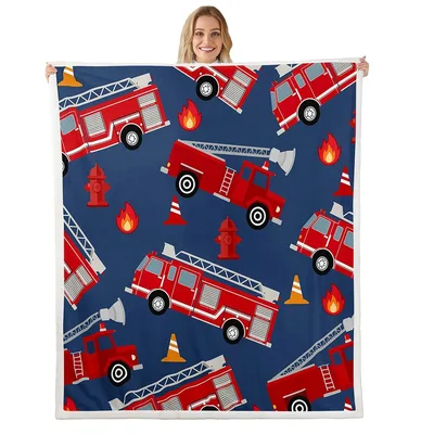 Fire Trucks Pattern Blanket: Red Fire Engine Print on Navy