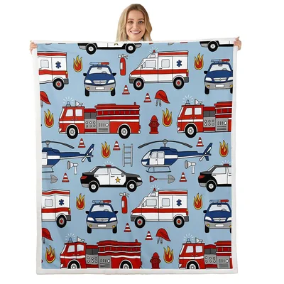 Cartoon Police Fire Trucks Blanket for First Responder Fans