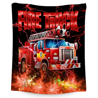 Red Fire Truck in Flames Blanket featuring bold red lettering