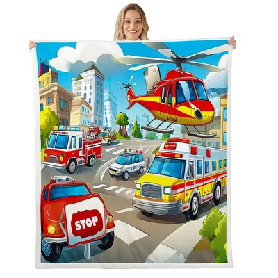Fire Truck and Helicopter Blanket: Emergency Vehicles Scene for Kids