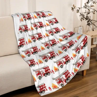 Fire Trucks Pattern Blanket: Red Ladder Truck and Campfire Design