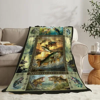 Largemouth Bass Blanket: Retro Fishing Art Throw for Anglers