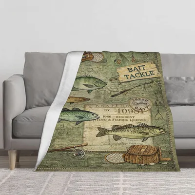 Vintage Fishing License Fish Blanket for Cabin and Lake Life