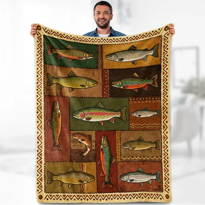 Trout Fish Patchwork Blanket: Vintage Quilt Style Fishing Design