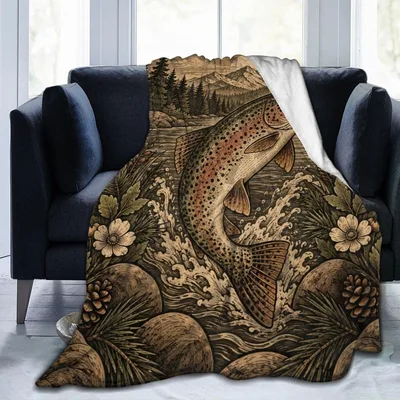 Trout Fish Cabin Blanket: Vintage Fishing Art for Anglers