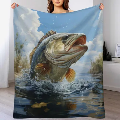 Bass Fish Fishing Blanket: Realistic Bass Jumping Design