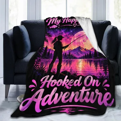 Woman Fishing Sunset Lake Blanket: Hooked on Adventure Print