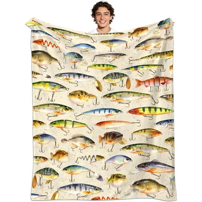 Cream Tackle Box Lure Blanket: Fishing Pattern Throw for Anglers