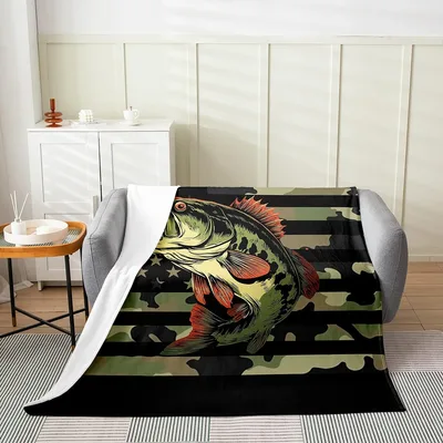 Bass Fish Camo Blanket: Retro Camo and Bass Design for Anglers