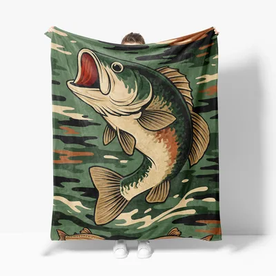 Largemouth Bass on Camo Blanket: Big Mouth Fish Design for Anglers
