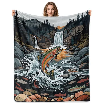 Trout Fishing Waterfall Nature Blanket: River Scene Throw