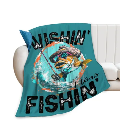 Fishing Fish Sunglasses Blanket: Cool Bass with Rod and Hat