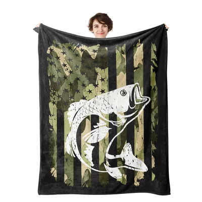 Fishing Camo American Flag Blanket: Bass Fish Design