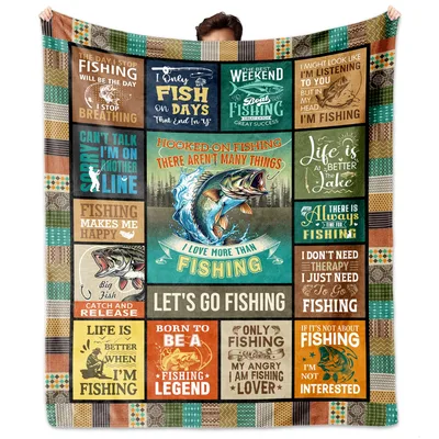 Fishing Quotes Collage Blanket features a patchwork