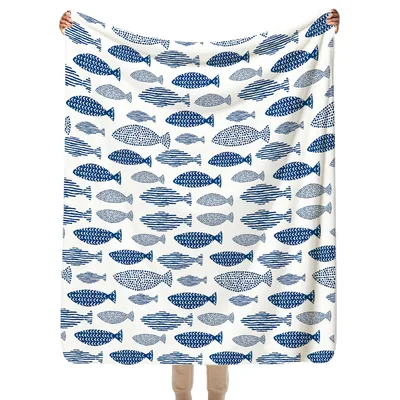 Nautical Fish Pattern Blanket: Blue and White Sea Life Design