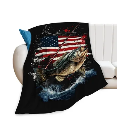 Leaping Bass with American Blanket: Patriotic Fishing Throw