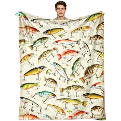 Cream Vintage Lure Collage Blanket for Anglers and Fishing Enthusiasts