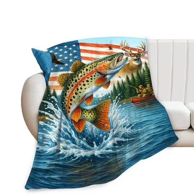 Fishing Hunting Trout Deer Blanket: A Wild American Outdoor Scene