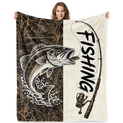 Largemouth Bass Leaping Fishing Blanket - Camo & Rod Design
