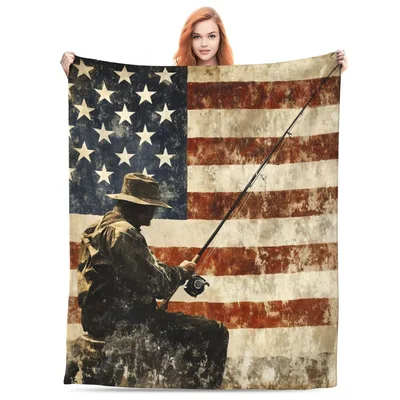 Fishing American Flag Blanket: Rustic Angler Silhouette Design