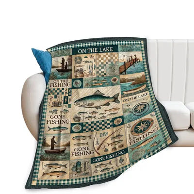 Fishing Lake Patchwork Blanket: On the Lake Gone Fishing Design