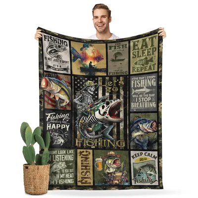 Fishing Camo Collage Blanket: A Patchwork of Angler Life and Humor