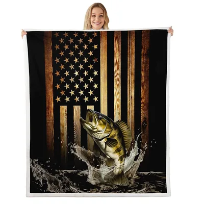 Fishing Bass Flag Blanket: Rustic Wood American Flag with Jumping Fish