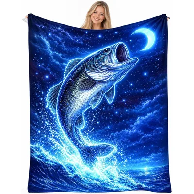 Fish Jumping Night Sky Blanket: A Bass Leaping Under the Moon