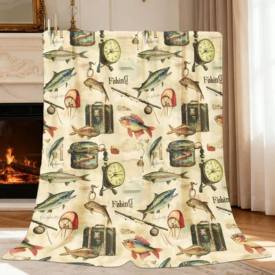 Fishing Vintage Pattern Blanket: Retro Fish and Gear Design