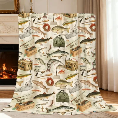 Cream Vintage Angling Tackle Blanket featuring illustrated bass