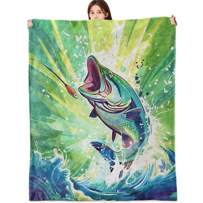Leaping Bass Fishing Watercolor Blanket for Anglers and Fish Lovers