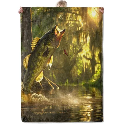 Bass Fishing Scene Blanket: A Lure Jumping From swampy Waters