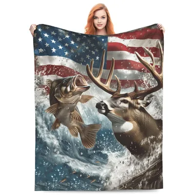 Fishing Deer Hunting Flag Blanket featuring a leaping bass