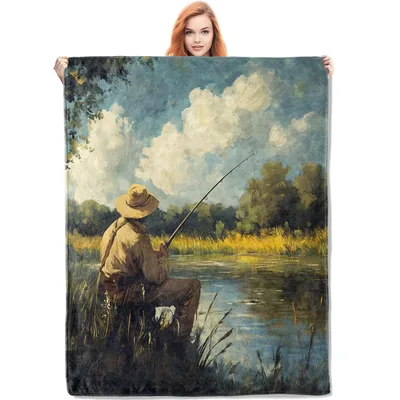 Fishing Painting Lake Scene Blanket features a classic oil