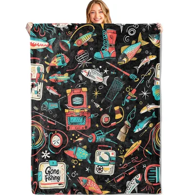 Fishing Gear Pattern Blanket featuring retro illustrations of boots