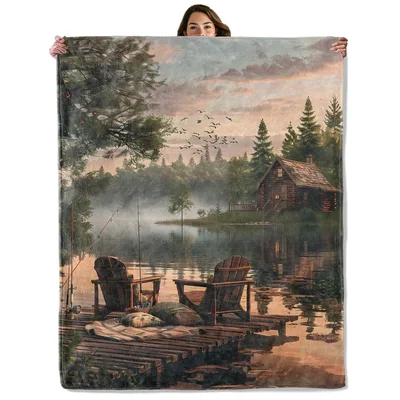 Lake Cabin Fishing Scene Blanket: Rustic Dock and Adirondack Chairs